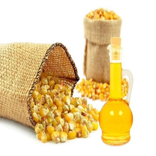 Text: Refined Corn Oil in clear bottle with pale golden color – premium cooking oil exported wholesale by LPL SRL GIDA